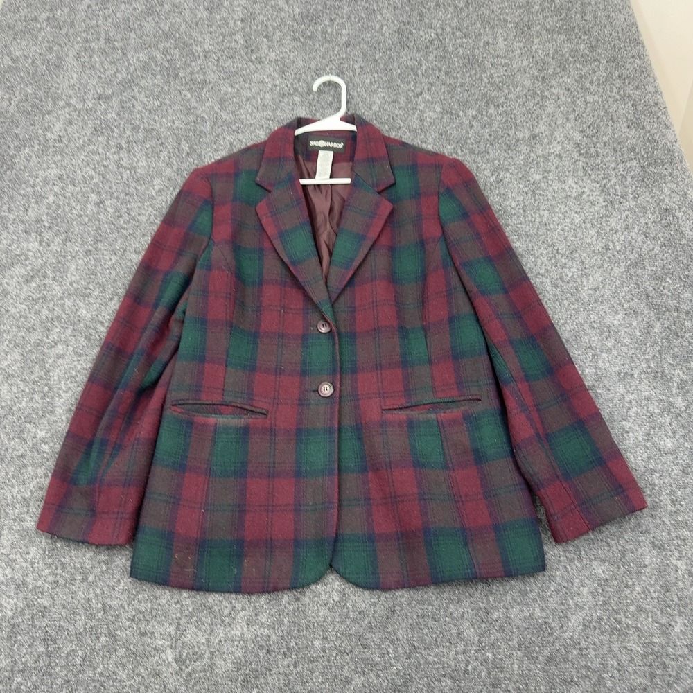 Vintage Sag Harbor Blazer Women 12 Maroon Green Wool Blend Plaid Dark Academia